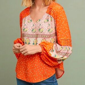 Anthropologie Maeve Orange‎ Print Ceresco Peasant Blouse in Small